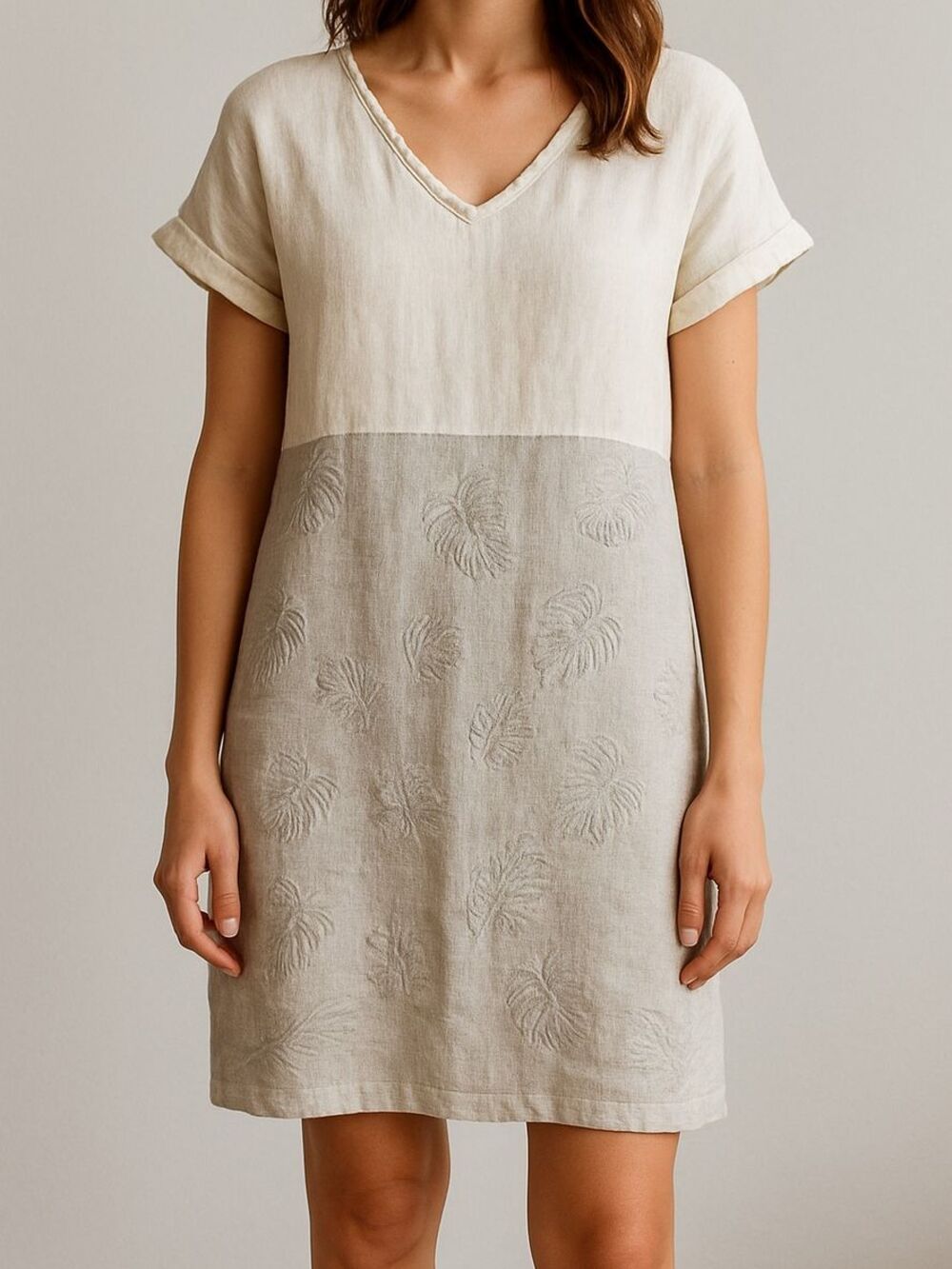 Lina Tomei White Beige Leaf Print Mini Dress XL